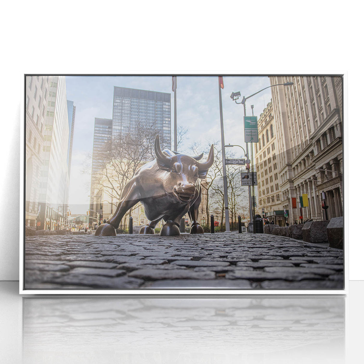 Art deco poster of NYC skyline in muted gray and blue tones on framed acrylic, ideal for modern art wall decor in a nursery.