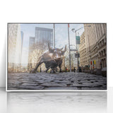 Art deco poster of NYC skyline in muted gray and blue tones on framed acrylic, ideal for modern art wall decor in a nursery.