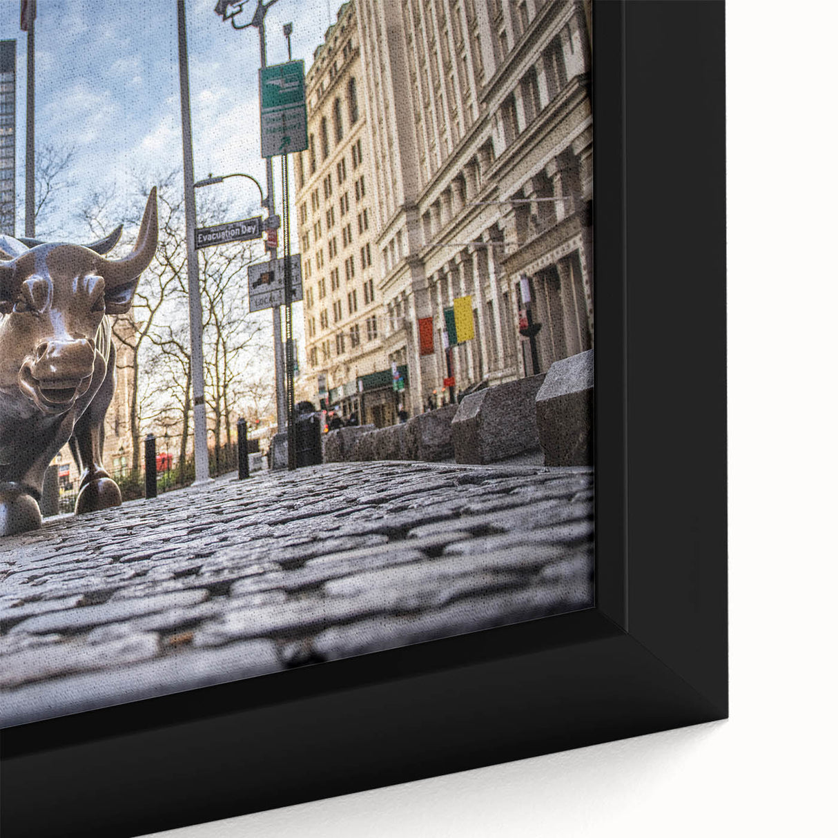 Framed canvas featuring a textured, colorful abstract depiction of the NYC skyline, ideal for living room decor.