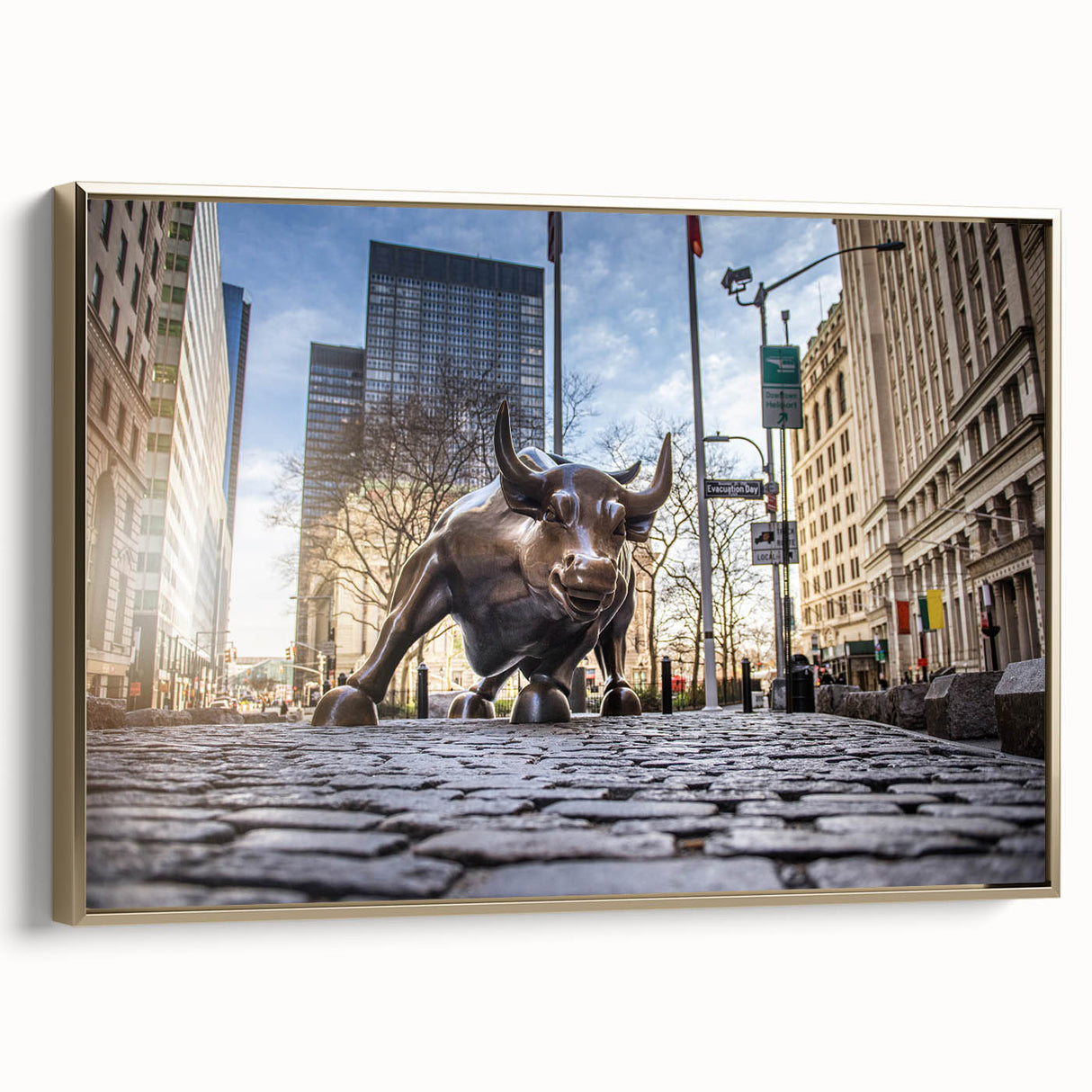Framed canvas wall art featuring a vintage-style New York City landscape in black and gold tones, ideal for bedroom decor.