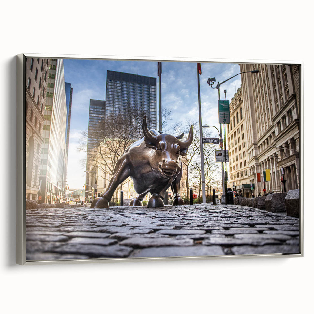 Framed canvas of a vintage New York City skyline in black with colorful accents, ideal for office wall decor.