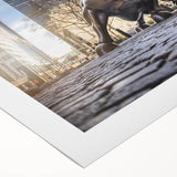Art deco poster of New York City skyline in monochrome tones, ideal for dining room wall art, printed on rolled canvas.