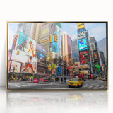 Acrylic print of Times Square with vibrant colors and mid-century modernist style, ideal for modern art wall decor.