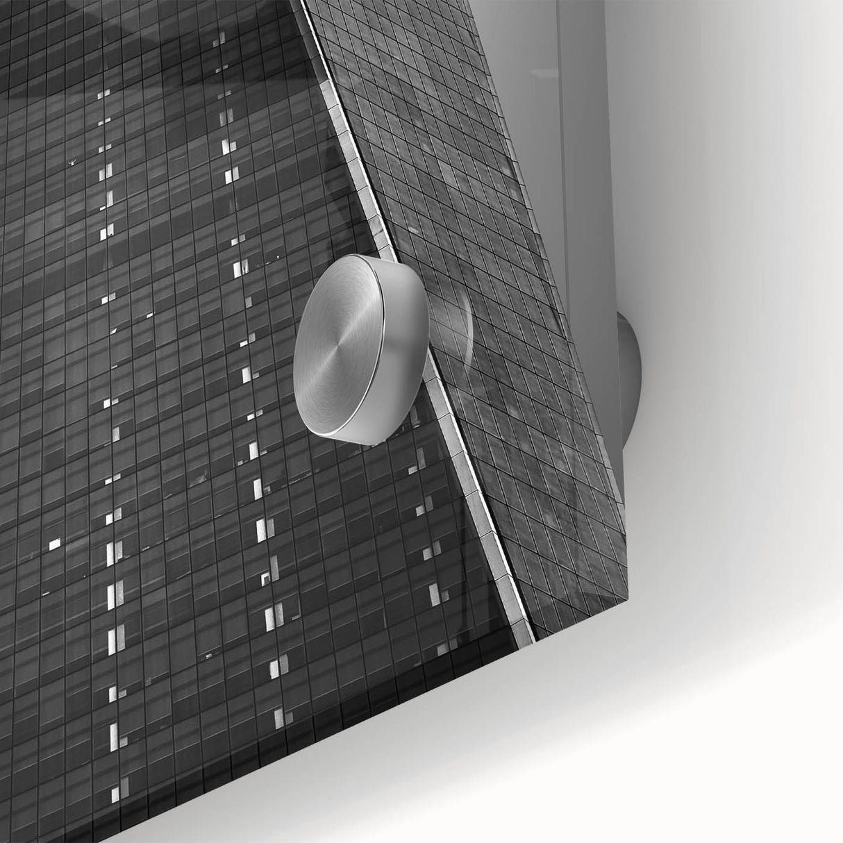 Large abstract wall art of NYC Trade Center in muted gray tones on acrylic glass, ideal for dining room ambiance.
