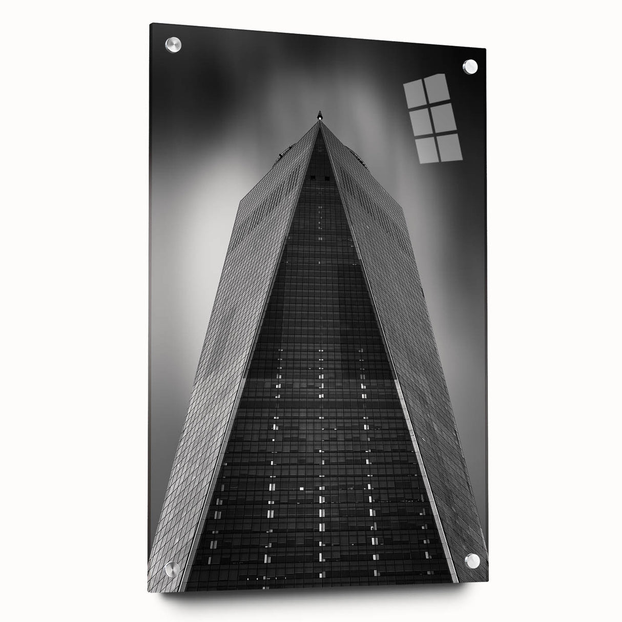 Acrylic print of New York City skyline with muted blue and gray tones, ideal for modern bedroom or dining room decor.