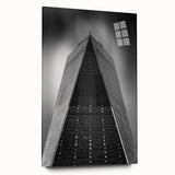 Acrylic print of a large abstract depiction of the NYC Trade Center in muted gray and blue tones.