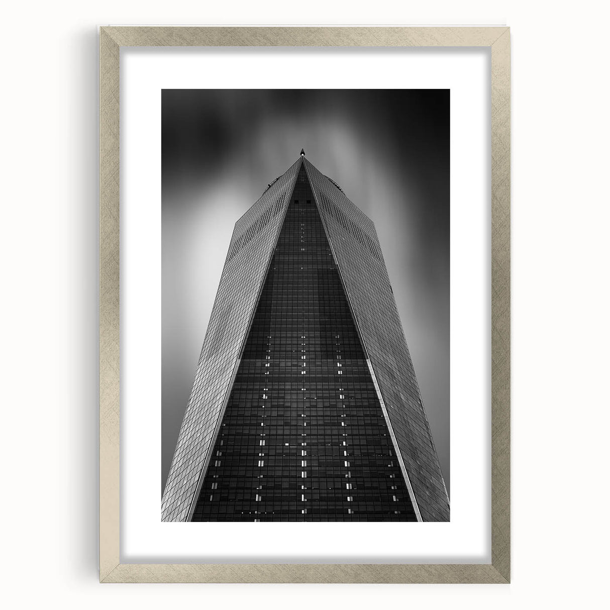 Textured abstract art print of NYC Trade Center in muted gray tones on a framed canvas, ideal for bedroom art.
