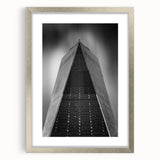 Textured abstract art print of NYC Trade Center in muted gray tones on a framed canvas, ideal for bedroom art.