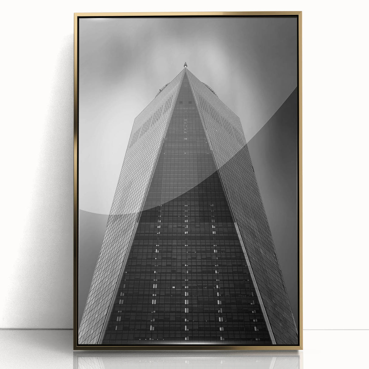 Acrylic print of NYC Trade Center in gold tones, framed, featuring mid-century modernist style.