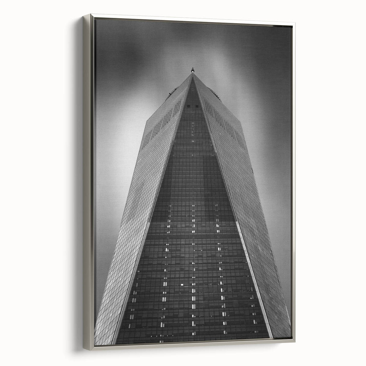 Framed canvas of a colorful New York City skyline, featuring the Trade Center in vintage poster style.