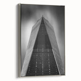 Framed canvas of a colorful New York City skyline, featuring the Trade Center in vintage poster style.