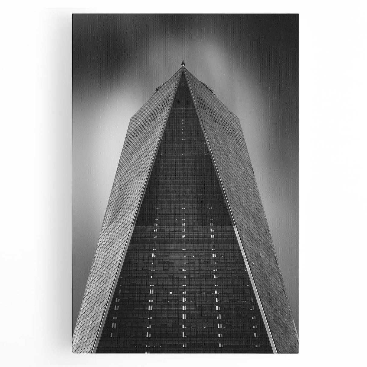 Black and white large art print of NYC Trade Center on stretched canvas, ideal for kitchen wall art.