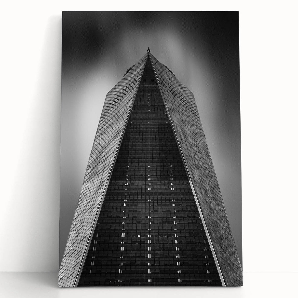 Black and white photo of NYC Trade Center on stretched canvas, ideal for kitchen wall art or bedroom ambiance.