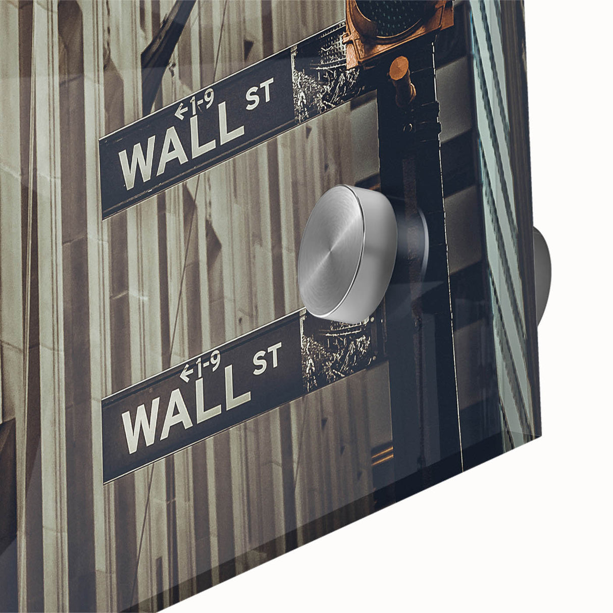 Large abstract wall art of New York's Wall Street in muted gray tones on acrylic glass, suitable for dining room decor.