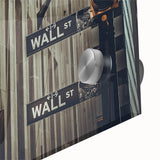 Large abstract wall art of New York's Wall Street in muted gray tones on acrylic glass, suitable for dining room decor.