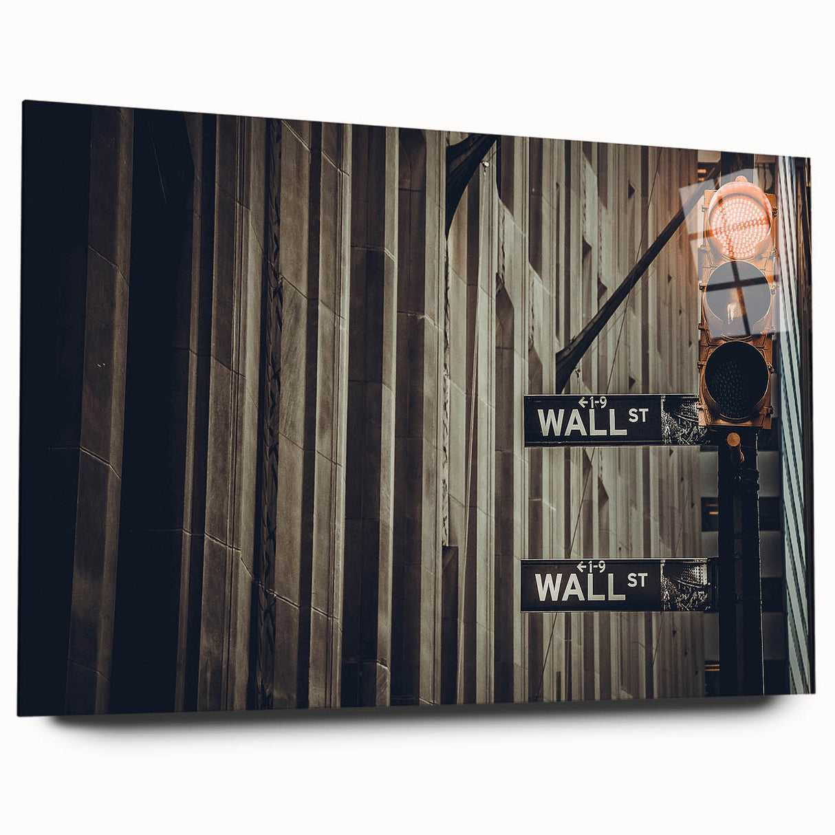 Large abstract depiction of NYC's Wall Street in muted gray and blue tones on acrylic glass.