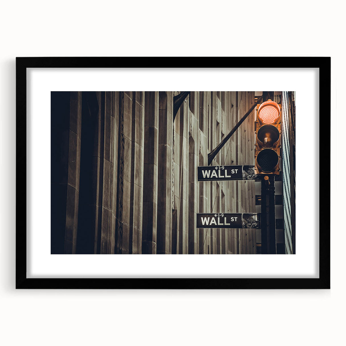 Abstract art print of NYC's Wall Street in vibrant colors on a large, framed canvas, ideal for living room decor.