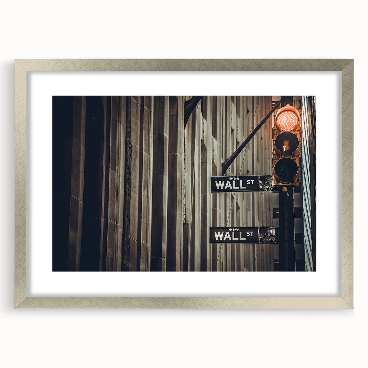 Textured abstract art print of Wall Street in muted grays and blues on a framed silver mat, suited for bedroom decor.