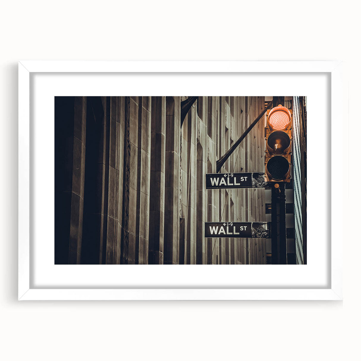 Abstract art print of Wall Street in muted gray and blue tones on a framed white mat, ideal for dining room decor.