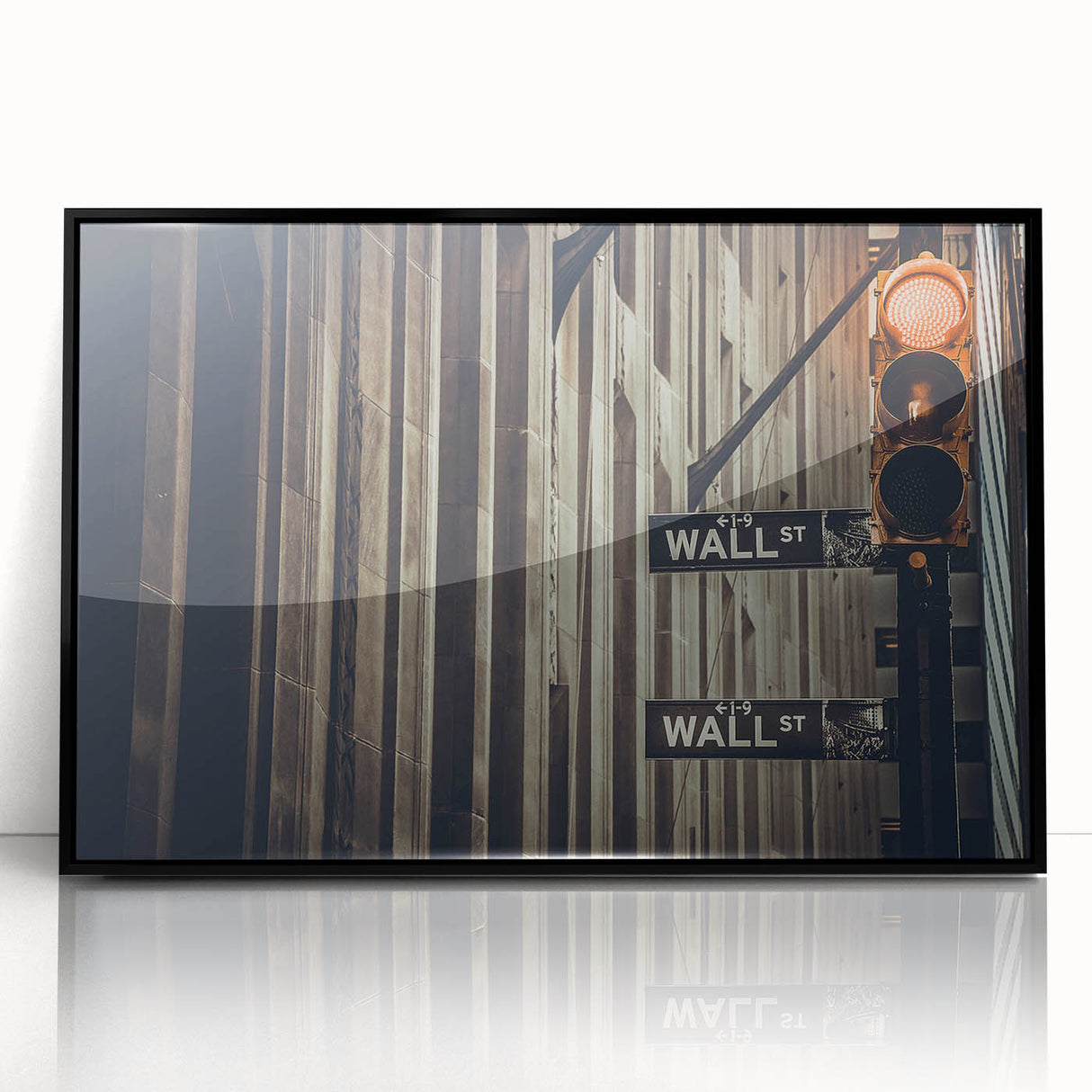 Large abstract wall art depicting the Wall Street scene in muted monochrome, framed acrylic, ideal for modern office decor.
