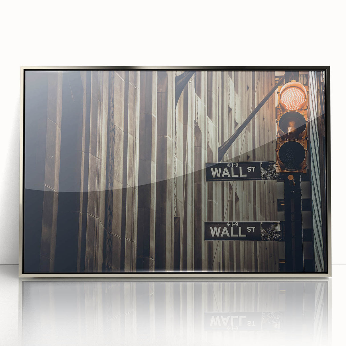 Mid-century modernist art depicting Wall Street, NYC in muted grays and blues on a silver-framed acrylic print.