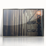 Mid-century modernist art depicting Wall Street, NYC in muted grays and blues on a silver-framed acrylic print.
