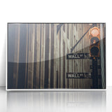 Art deco poster of Wall Street in muted gray and blue tones, acrylic print in white frame, ideal for modern office decor.
