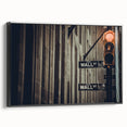 Black and white framed canvas of Wall Street featuring vintage poster style, ideal for bedroom wall art.