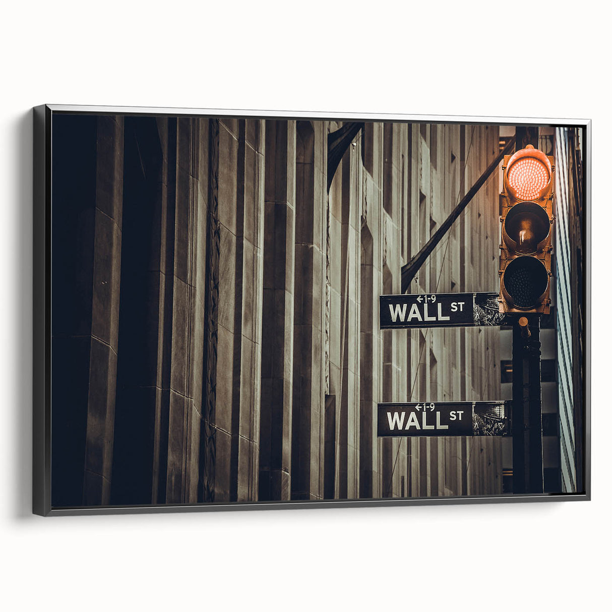 Black and white framed canvas of Wall Street featuring vintage poster style, ideal for bedroom wall art.