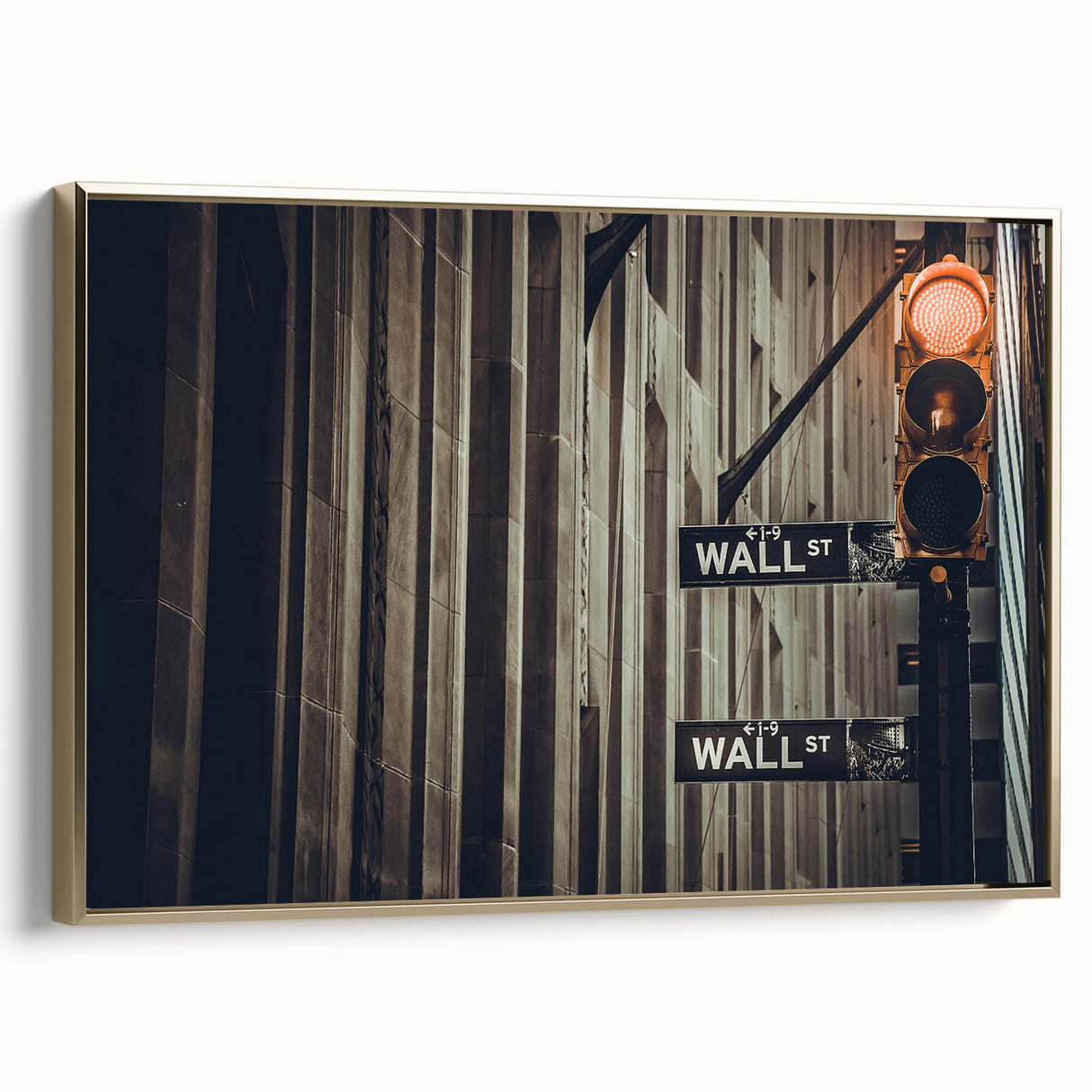 Framed canvas wall art featuring a vintage-style black and gold depiction of Wall Street, ideal for bedroom decor.