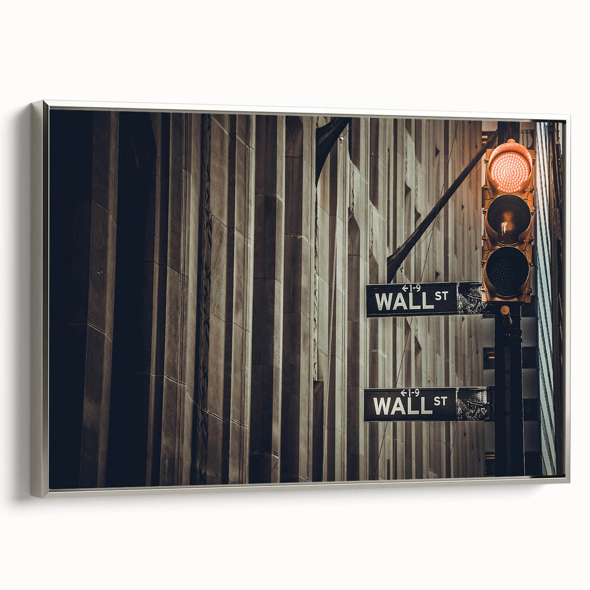 Framed canvas of vintage-style New York City Wall Street scene in black with colorful accents, ideal for office decor.