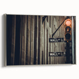 Framed canvas of vintage-style New York City Wall Street scene in black with colorful accents, ideal for office decor.