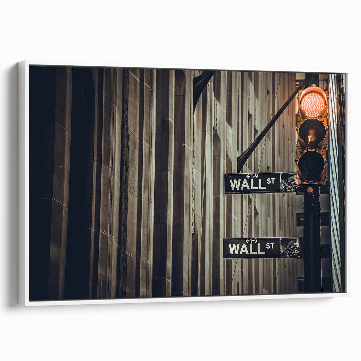 Vintage poster art of Wall Street with colorful accents on extra large framed canvas, ideal for living room decor.