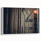 Vintage poster art of Wall Street with colorful accents on extra large framed canvas, ideal for living room decor.