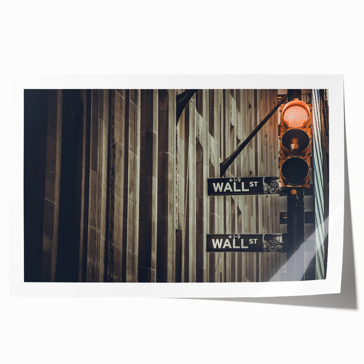 Rolled print of Wall Street featuring detailed architecture in monochrome shades, suitable for art wall dining room.