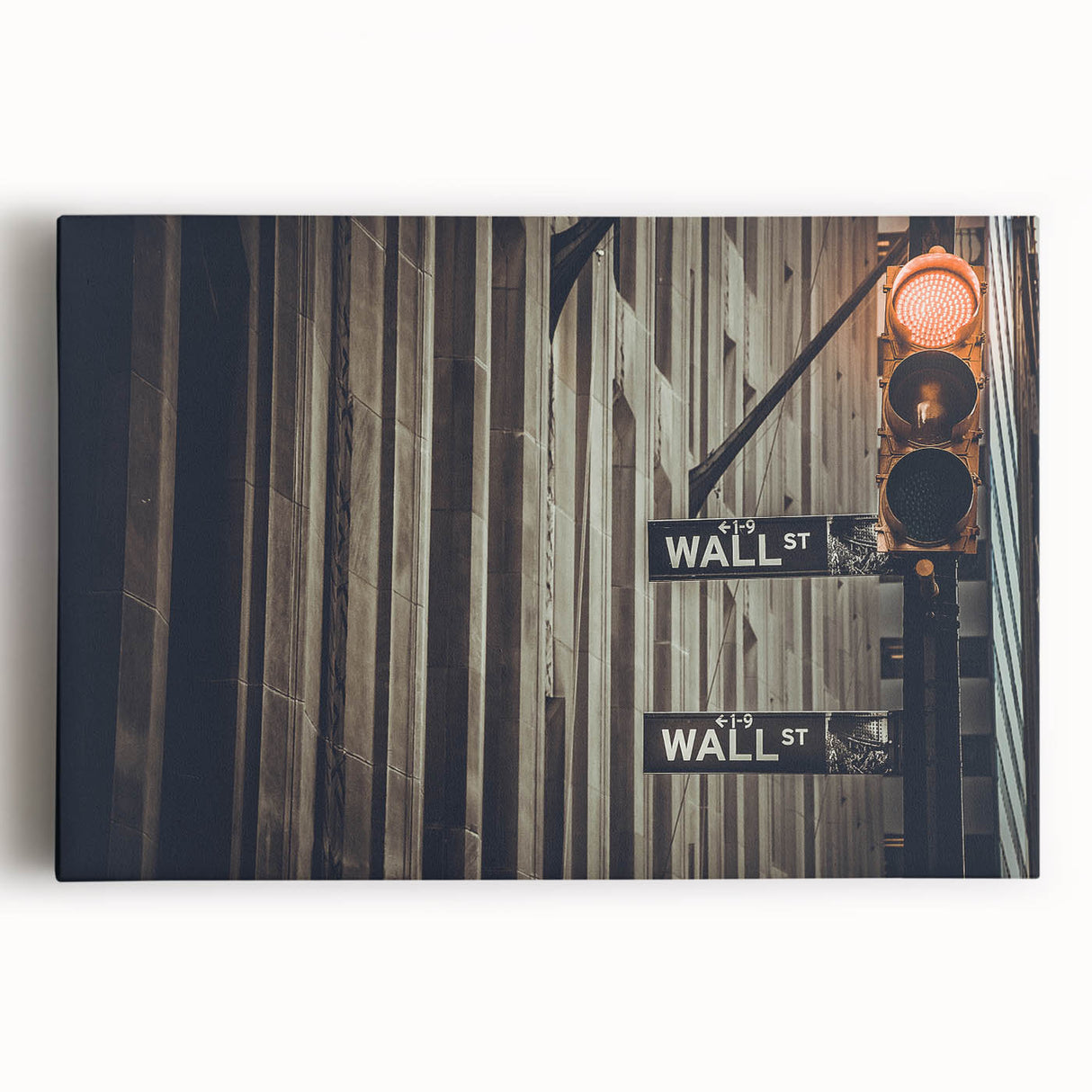 Black and white stretched canvas of Wall Street scene, suited as large kitchen art.