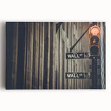 Black and white stretched canvas of Wall Street scene, suited as large kitchen art.