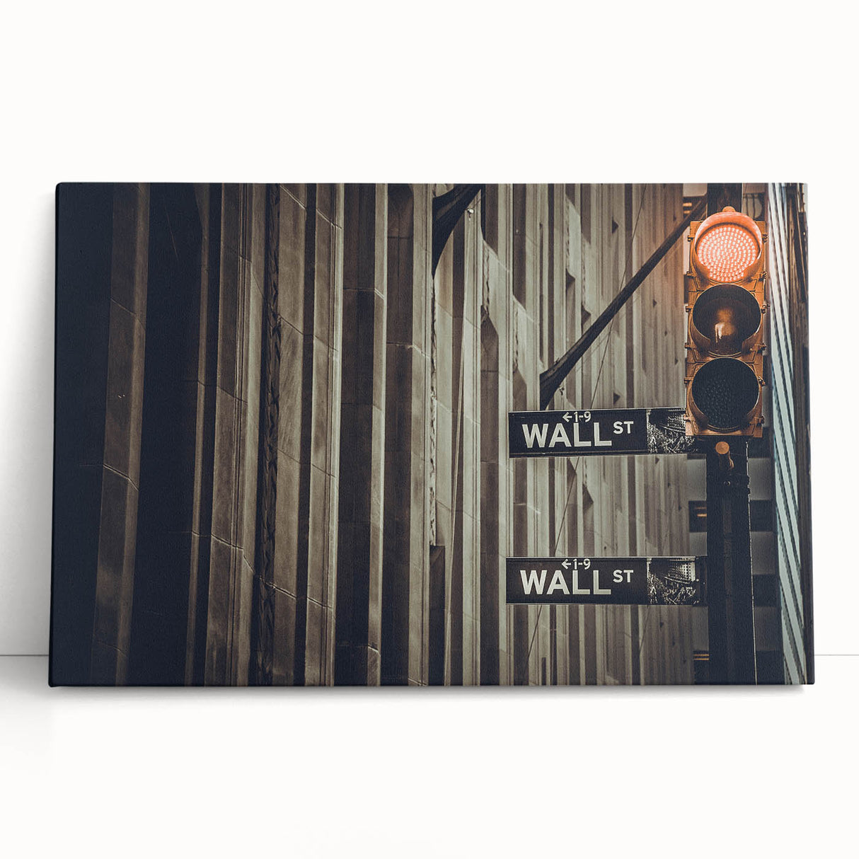 Black and white large canvas print of Wall Street scenery, ideal for kitchen wall art or bedroom decor.
