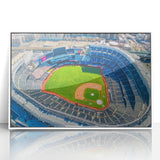 Art deco poster of NYC with Yankee Stadium in muted gray and blue tones, acrylic framed, suitable for modern art wall decor.