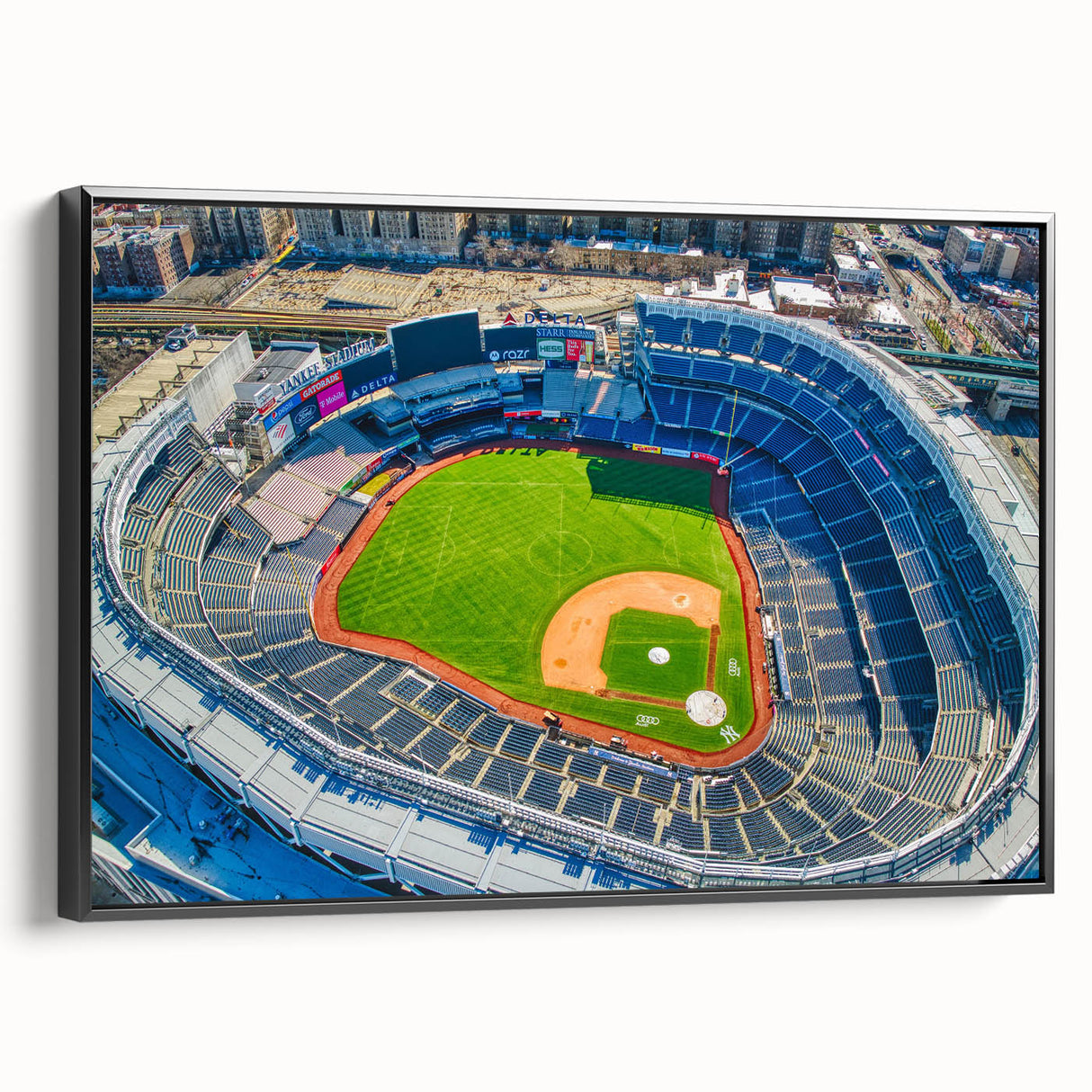 Black and white framed canvas of a vintage New York Yankees poster, ideal for bedroom wall decor.