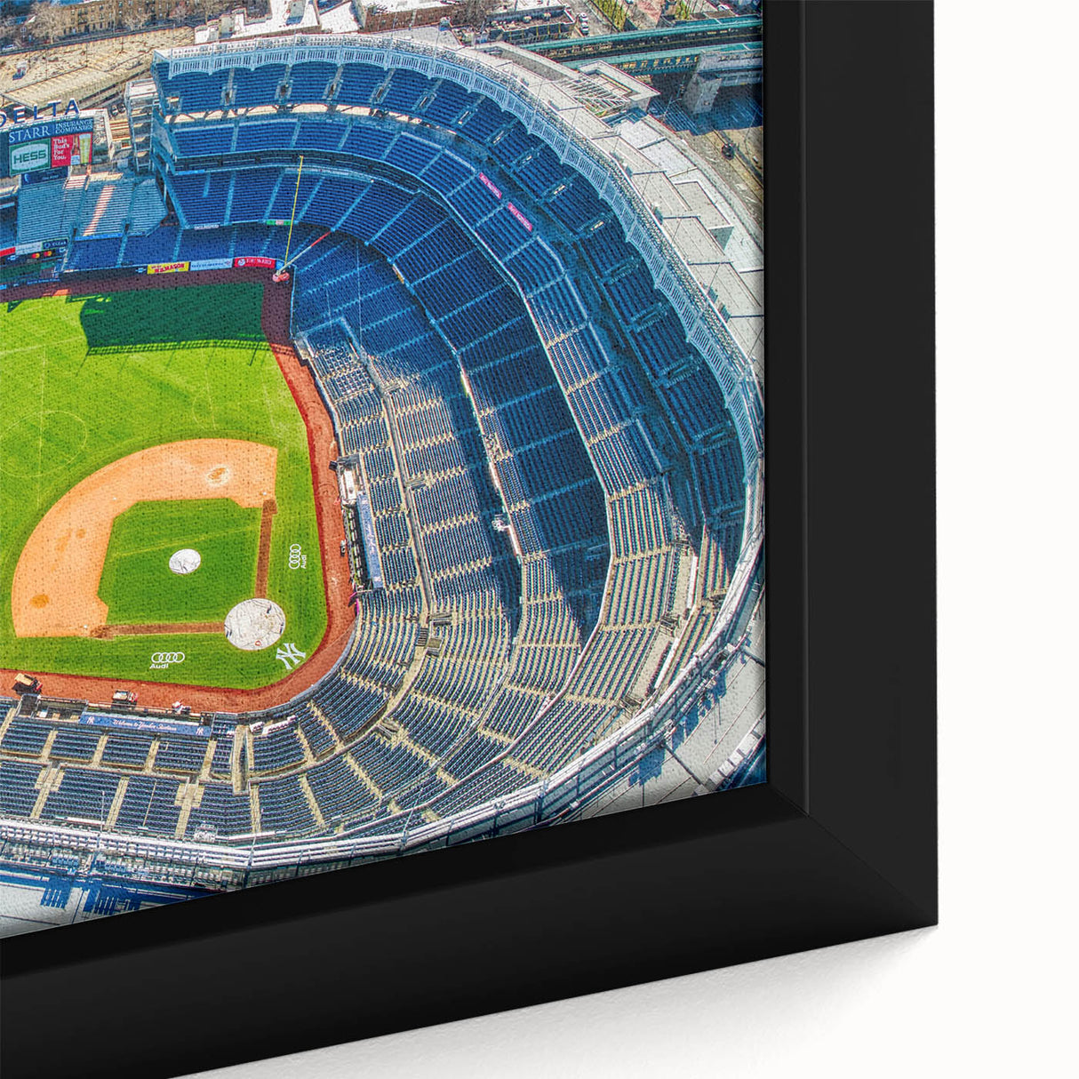 Extra large framed canvas of a textured New York City skyline in black with colorful highlights, ideal for living room decor.