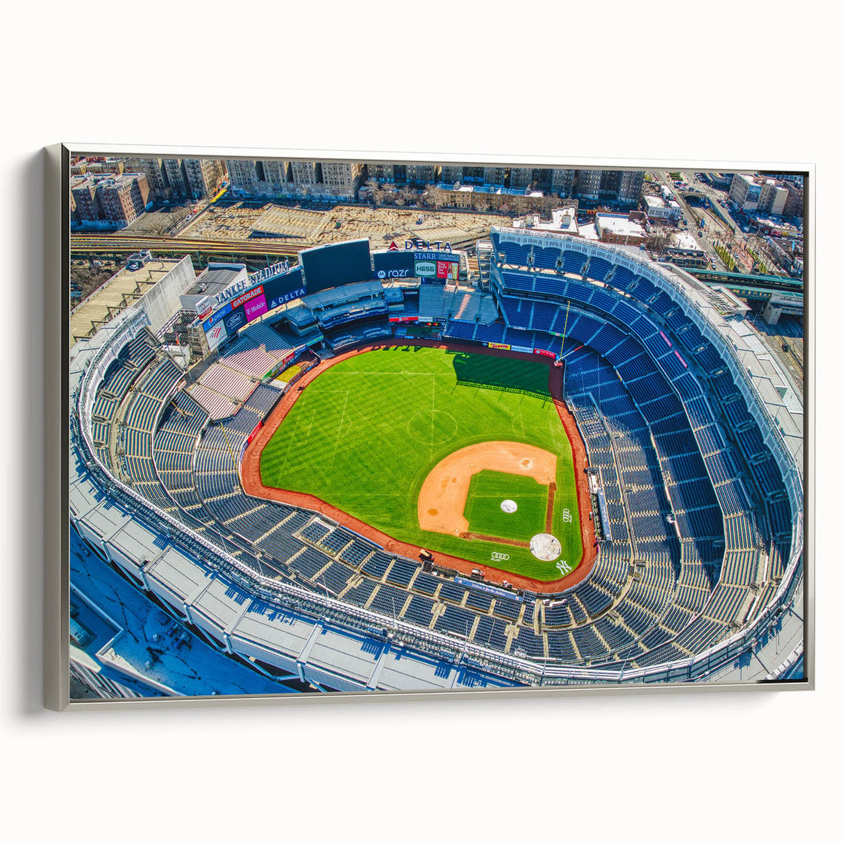 Framed canvas of a vintage New York City landscape in black with colorful accents, ideal for office decor.