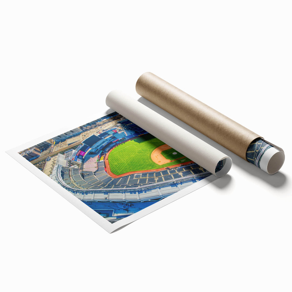 Extra large rolled print of New York Yankee Stadium with floral accents in muted colors, ideal for classy bathroom wall art.