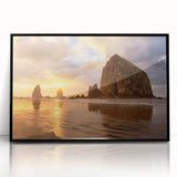 Large abstract wall art of Cannon Beach, Oregon in muted gray tones on a framed acrylic print.