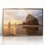 Large art print of Cannon Beach in muted earth tones, framed acrylic, mid-century modernist style.