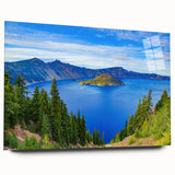 Acrylic print of Crater Lake, Oregon, with vibrant blue tones, ideal for bedroom or dining room art.