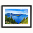 Extra large framed print of Crater Lake with textured abstract art in vibrant colors, ideal for living room decor.