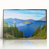 Large art print of Crater Lake, Oregon in muted blue and green tones on a framed acrylic, ideal for modern art wall decor.