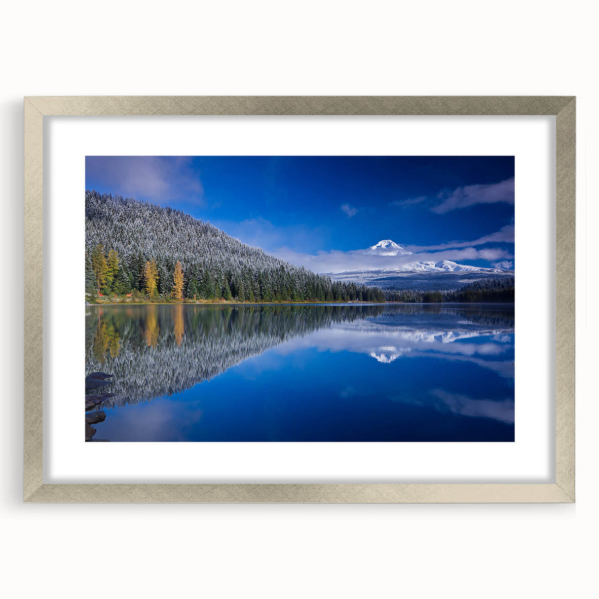 Textured art print of Mount Hood, Oregon in abstract style with muted earth tones on a framed silver mat.