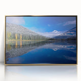 Framed acrylic print of Mount Hood in Oregon, featuring mid-century modernist style with earthy tones.
